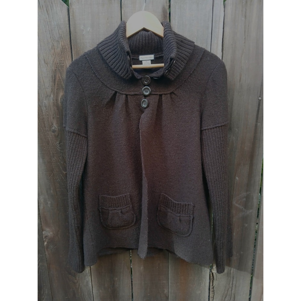 Women's Large Mythology Brown‎ Wool Sweater Ribbed Collar Button Front Pockets